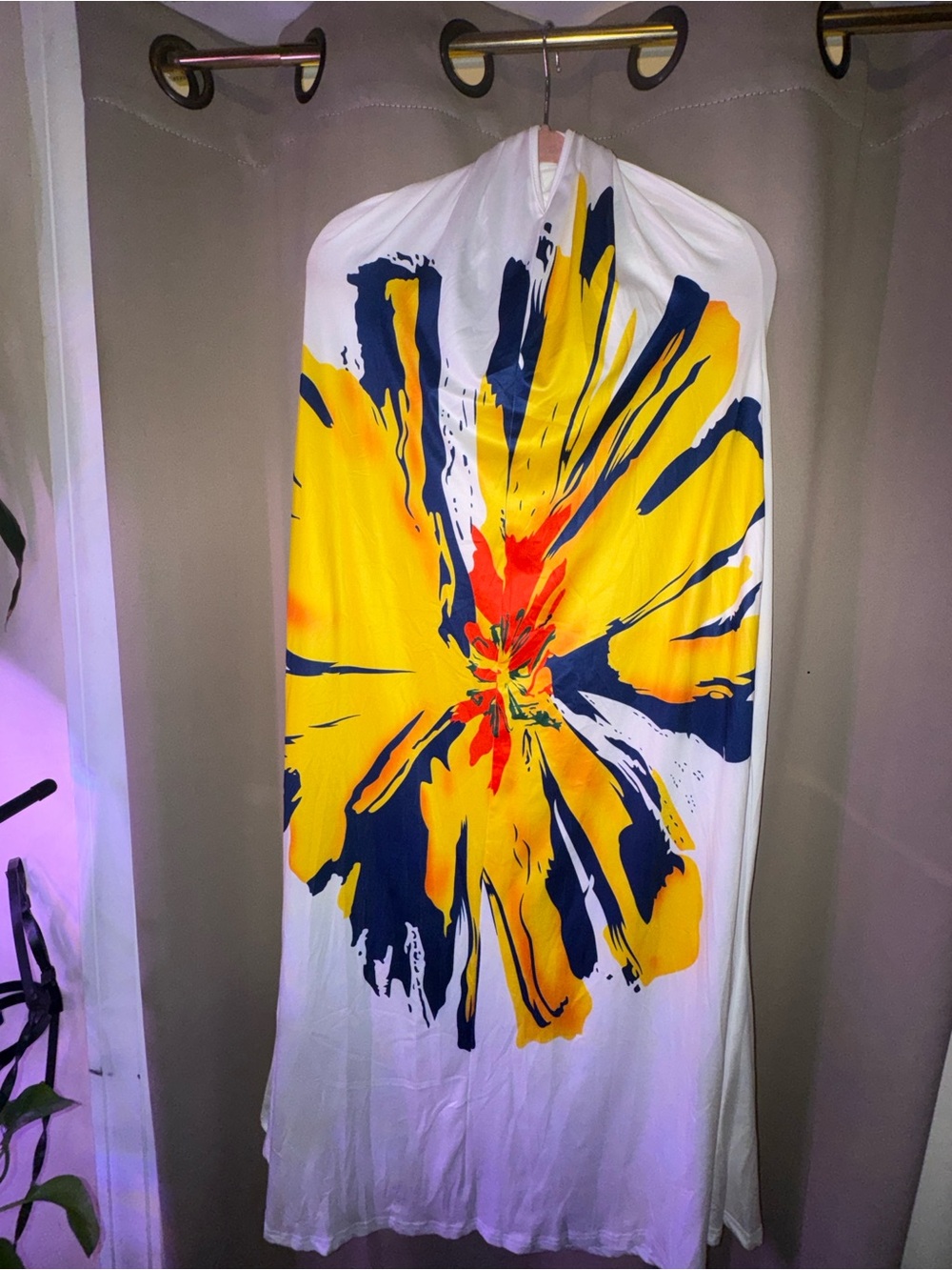 Floral Graphic Halter Dress with Yellow & Navy Burst
